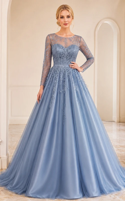 Elegante vestido de noche formal de satén con encaje y mangas largas, estilo barco, color azul acero, con cremallera y escote barco.