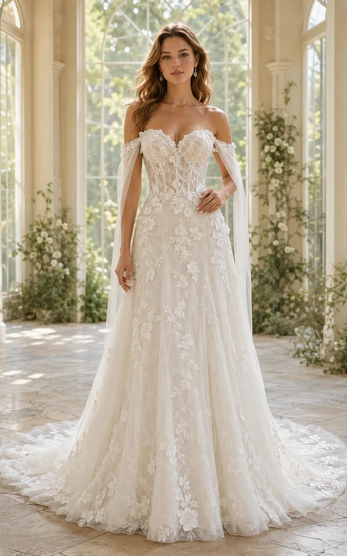 Robe de mariée bustier cœur en dentelle botanique, coupe trapèze, traîne chapelle illusion, épaules dénudées