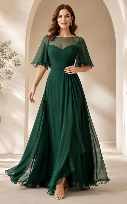 Dunkelgrünes, elegantes Abendkleid in A-Linie aus Chiffon mit eckigem Ausschnitt, Glockenärmeln und Rüschen.