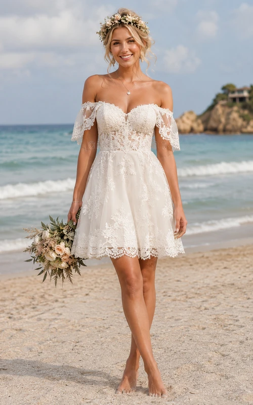 Ivory Short/Mini Off-the-shoulder Lace A-line Wedding Dress with Lace