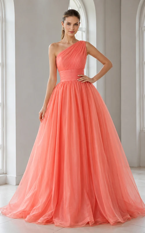 Robe de demoiselle d'honneur corail asymétrique en mousseline, coupe trapèze, traîne, style moderne