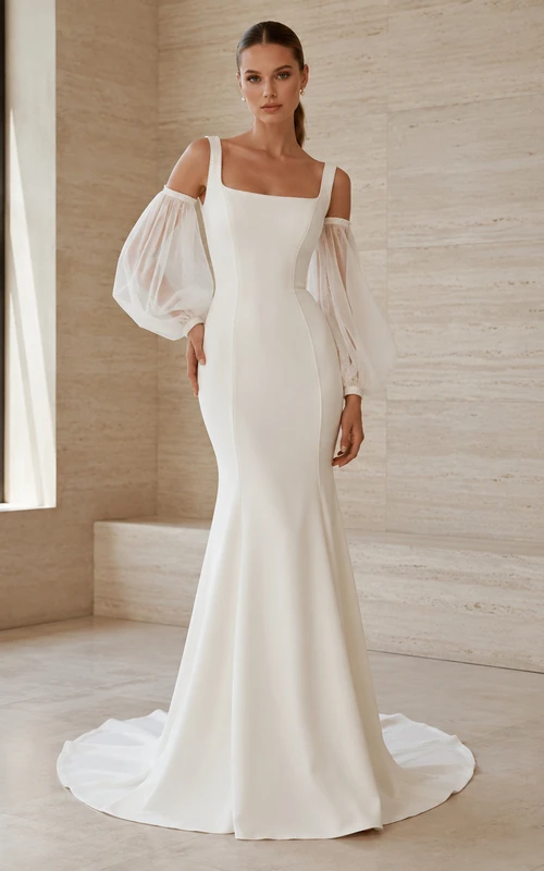 Robe de mariée sirène en satin à col carré et manches bouffantes, dos zippé, traîne courte moderne