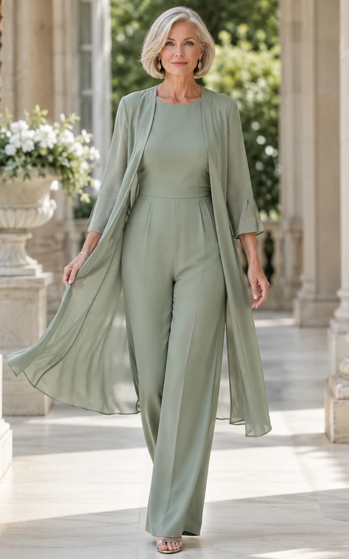 Mother Sage Chiffon Pantsuit with Jewel Neck Long Cape Jacket and Wide Leg Pants