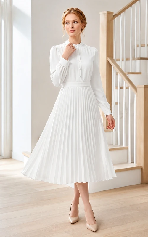 White Chiffon High Neck Long Sleeve Pleated Tea-Length Modest A-Line Dress