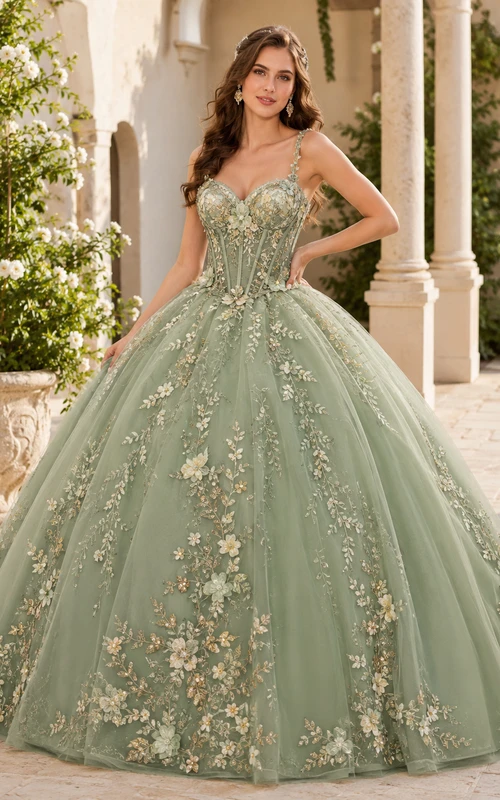 Vestido de fiesta formal de princesa para quinceañera, estilo princesa, romántico, con escote en V y tirantes finos, color verde salvia.
