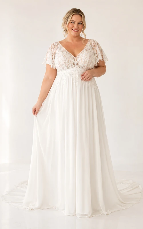 Plus Size Empire Waist Flutter Sleeve Bridal Gown