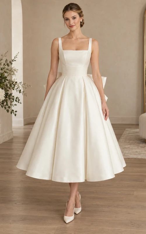 Satin-Brautkleid in Teelänge, eckigem Ausschnitt, Schleife am Rücken und A-Linie