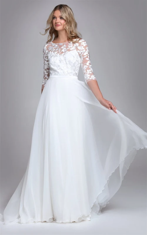 Elegantes A-Linien-Hochzeitskleid aus Chiffon mit U-Boot-Ausschnitt und Schleppe sowie Applikationen