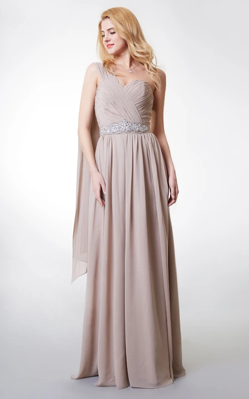 Robe de soirée charmante en mousseline à une épaule ornée de perles