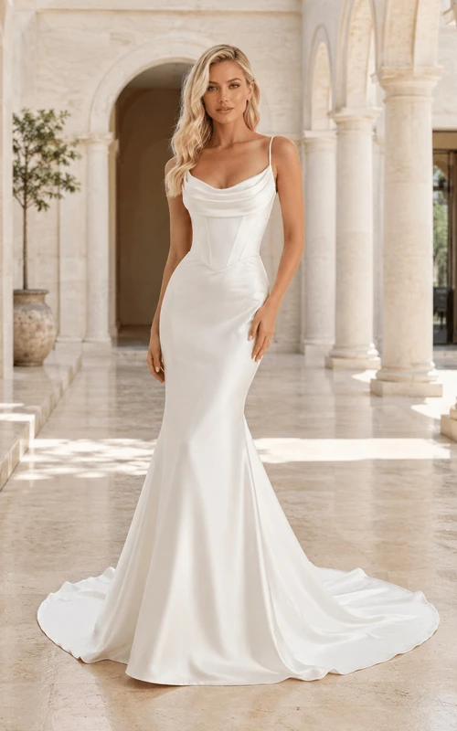 Robe de mariée sirène minimaliste et moderne en satin à col bénitier et fines bretelles, avec traîne balayée, style minimaliste moderne.
