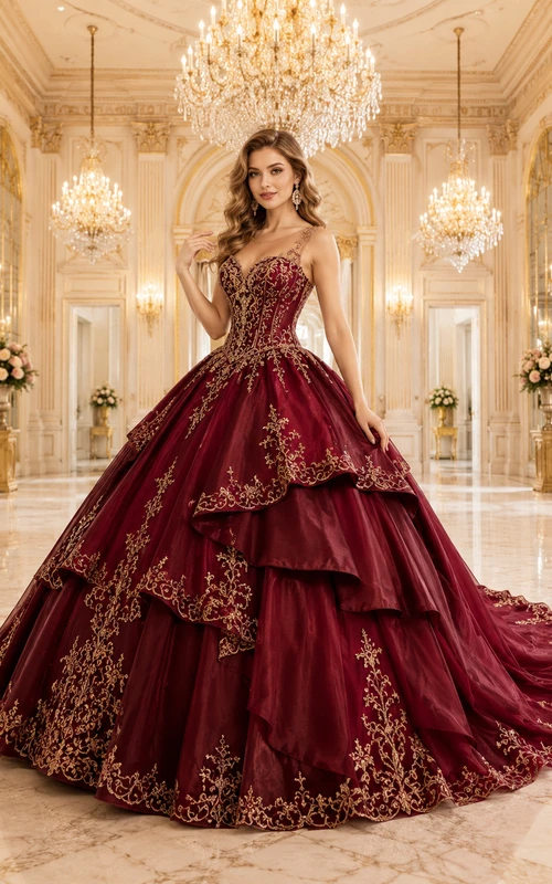 Vestido de baile de lujo de princesa para quinceañera, color borgoña, con encaje dorado en capas y cola larga, ideal para el gran salón de baile.