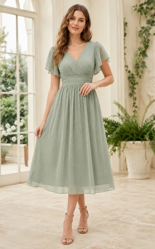 Robe d'invitée décontractée en mousseline sauge, col V, manches pétales, coupe trapèze, longueur thé, idéale pour un jardin.