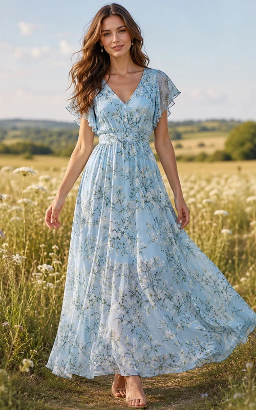 Blue Vine Print V-Neck Flutter Sleeve Maxi Dress