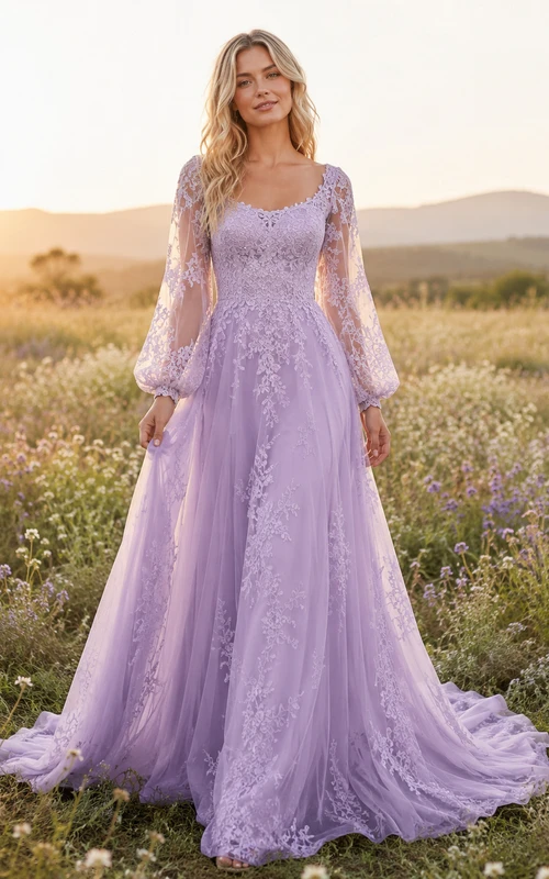 Vestido de novia morado estilo bohemio de manga larga con encaje y tul, corte en A