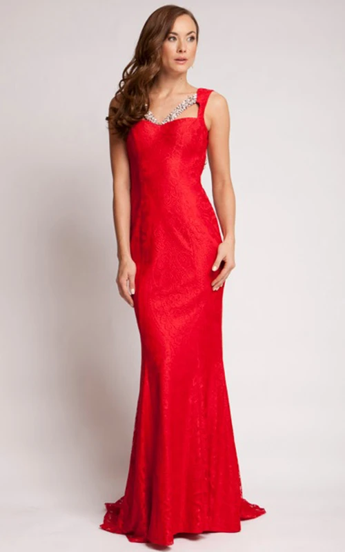 Ärmelloses, ärmelloses, langes Spitzen-Abendkleid mit Perlenbesatz, V-Ausschnitt, rückenfreiem Schnitt und Schleppe