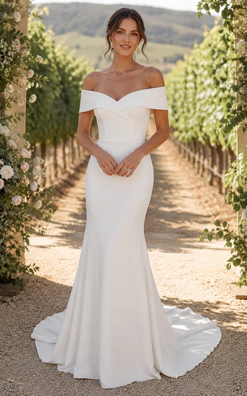 Simple Off Shoulder Crepe Mermaid Wedding Dress with Foldover Neckline and Train