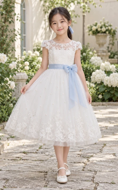 Vestido de niña de flores modesto, blanco, con estampado floral, corte en A, tul, mangas cortas y fajín azul.