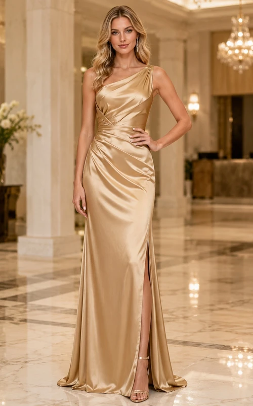 Champagne Satin One Shoulder Mermaid Sweep Train Luxury Formal Evening Dress