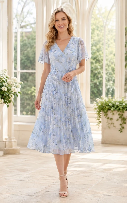 Teelanges, hellblaues Kleid mit Blumenmuster, V-Ausschnitt, flatternden Ärmeln und Falten in A-Linie