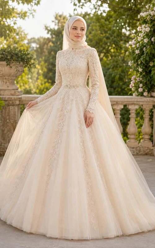 Vestido de novia de gala de tul con cuello alto y encaje musulmán color champán