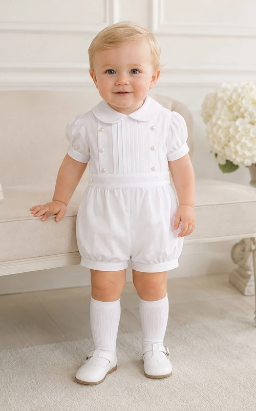 White Pintuck Waistband Collar Short Sleeve Christening Bubble Romper for Baby Boy