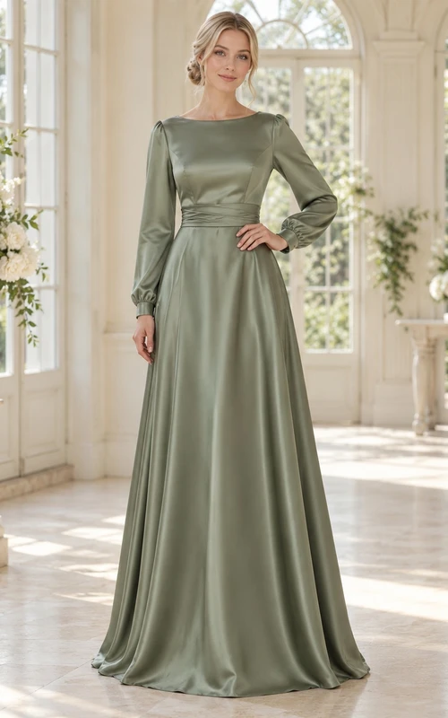 Vestido de noche modesto de satén plisado de corte A con escote barco y mangas largas color verde salvia