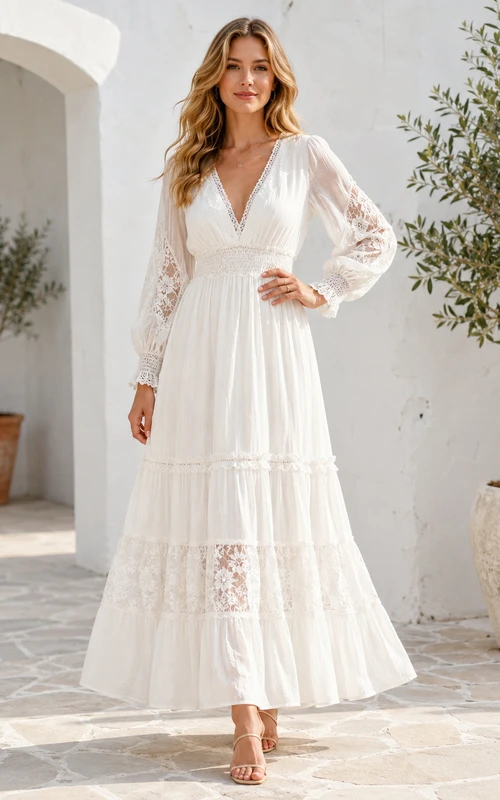 Vestido informal de gasa blanca estilo bohemio con escote en V, mangas abullonadas, inserciones de encaje y falda escalonada hasta los tobillos.