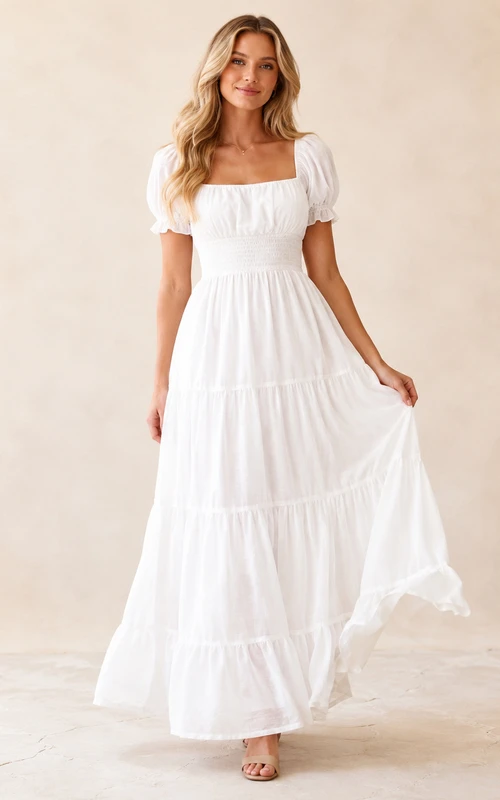 Cloud Garden Weißes A-Linien-Kleid aus Chiffon im Boho-Stil mit kurzen Ärmeln und quadratischem Ausschnitt, bodenlang.