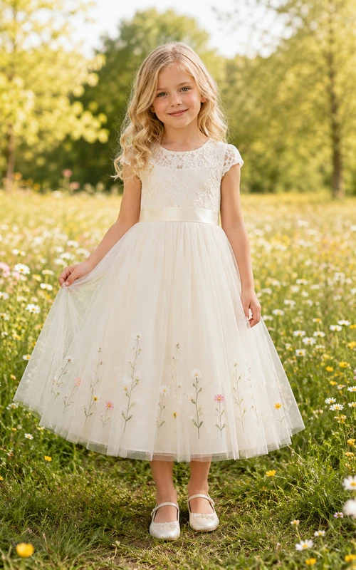 A-Line Flowergirl Floral Embroidered Tulle Tea-Length Cap Sleeve Wildflower Wedding Dress