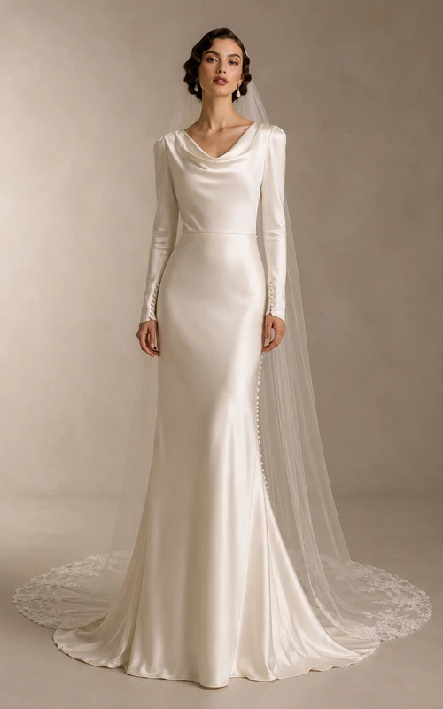 Vintage-Hochzeitskleid aus Satin mit Meerjungfrauen-Flair und langem Wasserfallausschnitt, langärmelig, aus Satin