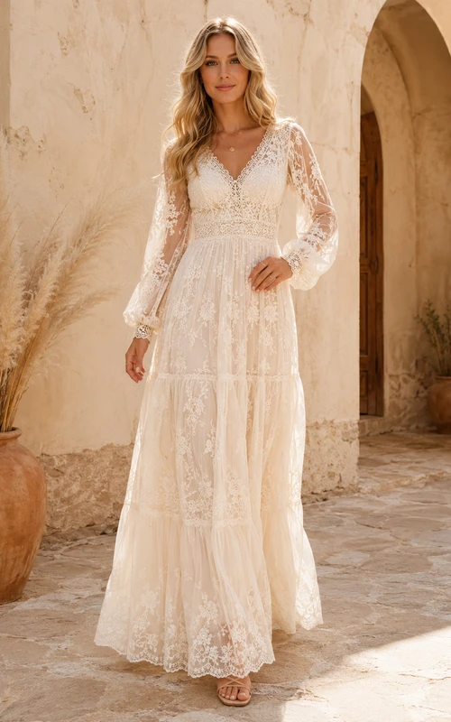 Elfenbeinfarbenes A-Linien-Kleid von Desert Lace mit V-Ausschnitt und langen Ärmeln, bodenlang, im Boho-Stil