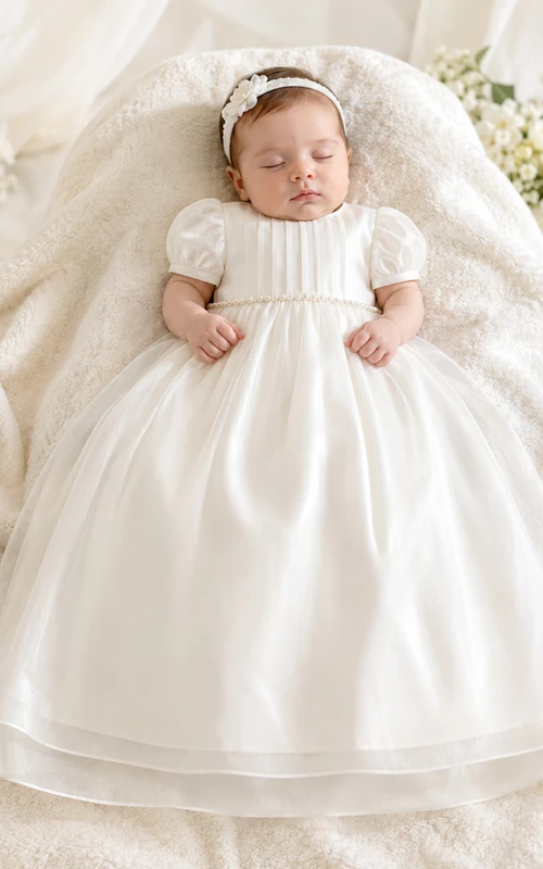 Sheer Organza Overlay Newborn Baptism A-Line Cap Sleeve Gown Simple Elegant Adorable Satin