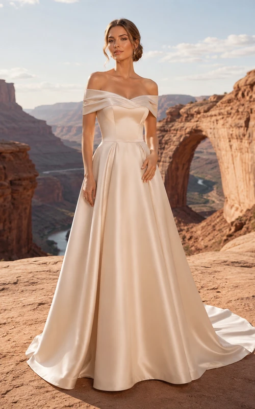 Robe de mariée classique en satin à épaules dénudées et coupe trapèze, inspirée d'un paysage de canyon, pour une fugue amoureuse