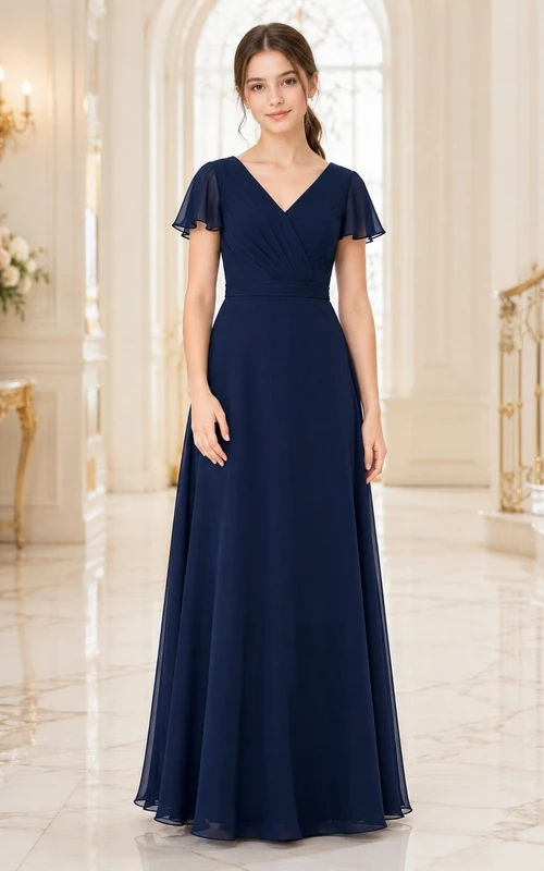 Dark Navy Junior Bridesmaid Dress A-Line V-Neck Short Sleeves Elegant