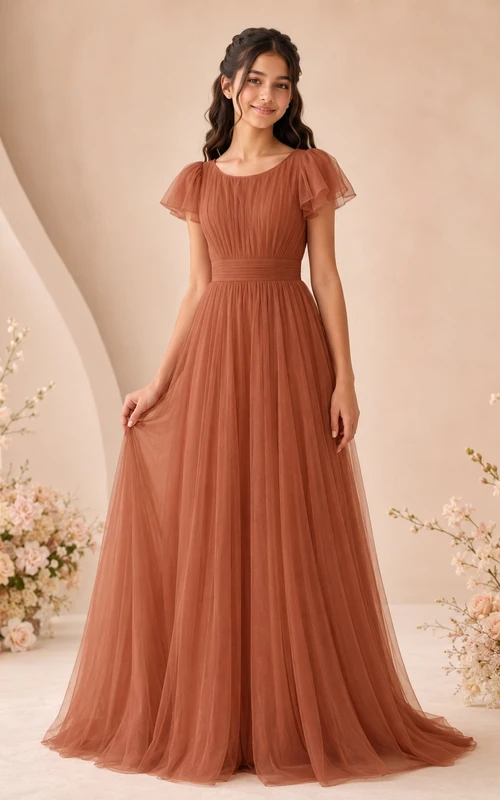 Vestido de dama de honor juvenil marrón, corte en A, escote redondo, manga corta, plisado, romántico.