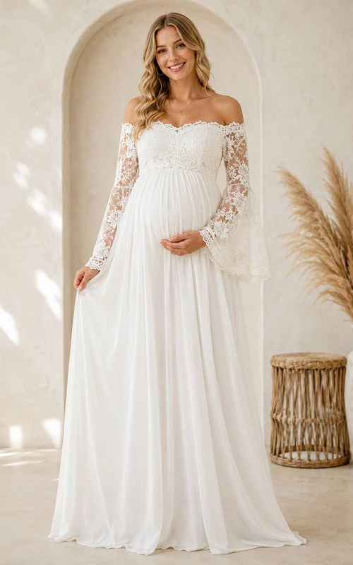 Weißes Umstands-Maxikleid im Boho-Stil mit schulterfreiem Ausschnitt, herzförmigen Spitzenärmeln und Glockenärmeln