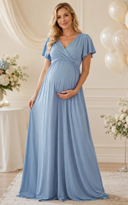Stahlblaues, stillfreundliches Umstandskleid aus Chiffon mit Wickeloptik, V-Ausschnitt und flatternden Ärmeln – Maxikleid