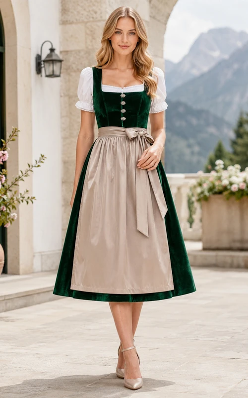 Delantal tradicional de terciopelo verde oscuro, corte en A, largo hasta la rodilla, con mangas abullonadas.