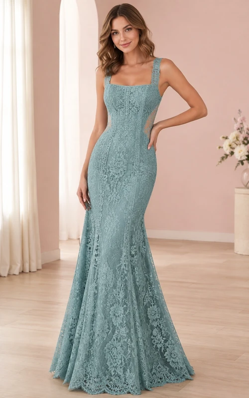 Hellblaues, schlichtes Meerjungfrauen-Brautkleid mit eckigem Ausschnitt, Trägern und Spitze, bodenlang