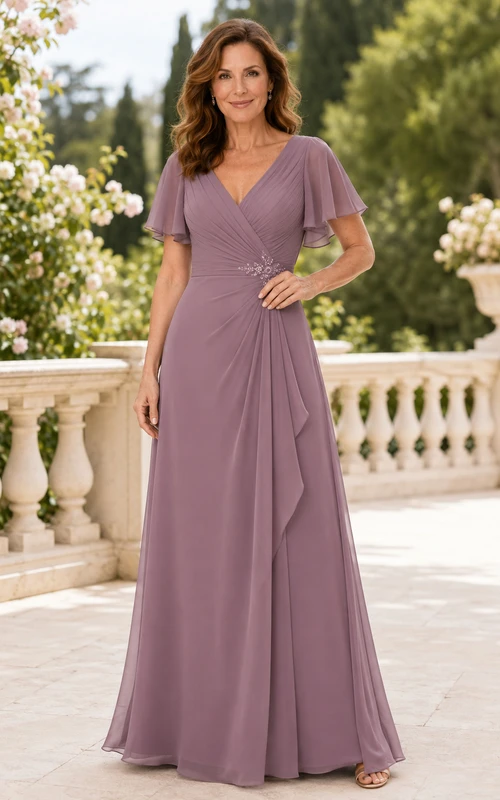 Vintage Mauve V-Neck Chiffon A-Line Mother Dress With Flutter Sleeves