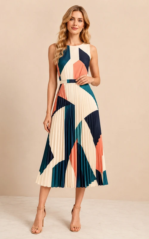 Vestido midi plisado de corte A con escote halter geométrico en azul marino y coral