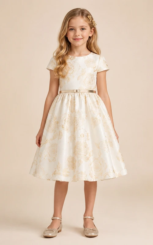 Vestido de niña de flores de algodón estampado color marfil, corte en A, mangas cortas y falda hasta la rodilla.