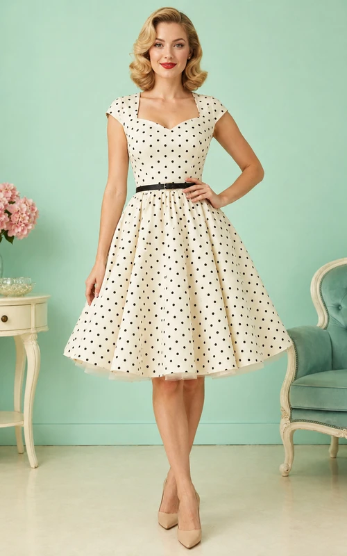 Vestido de cóctel vintage de los años 50, de satén, color crema, con estampado de lunares, escote corazón, mangas cortas, corte en A y largo hasta la rodilla.
