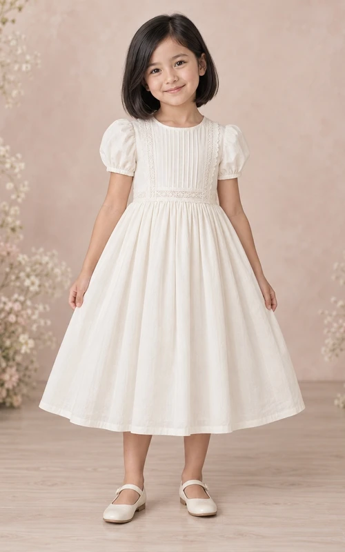 Robe de demoiselle d'honneur simple et modeste, longueur thé, couleur ivoire, manches courtes bouffantes, bordure en dentelle festonnée, plis piqués et boutons froncés au dos.
