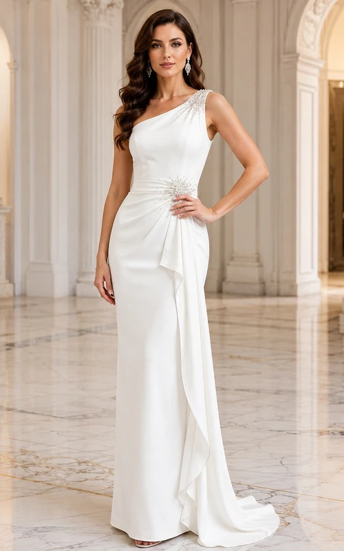 Modern One-Shoulder Satin Sheath Court Train Draped Elegant Wedding Gown