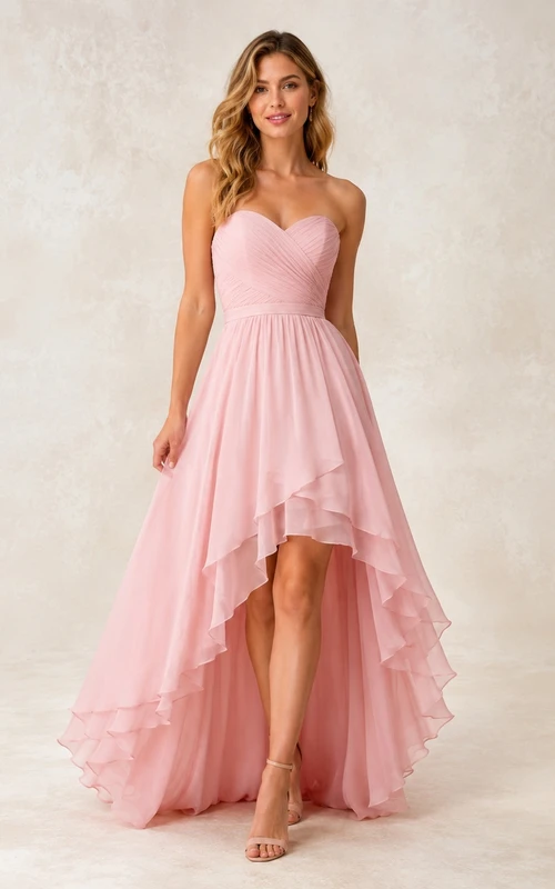 Kleid aus altrosafarbenem Chiffon mit Spaghettiträgern, Rüschen und gestuftem, asymmetrischem Saum in A-Linie