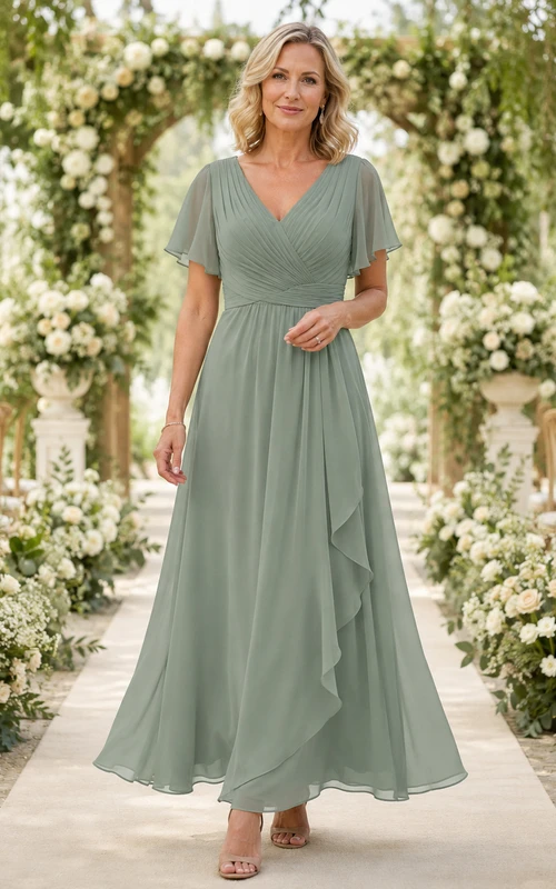 Sage Ankle-Length A-Line Romantic Mother of the Bride Chiffon Dress with V-Neck Flutter Sleeves and Cascading Drape