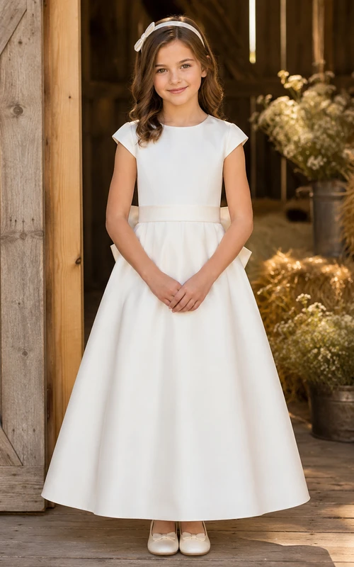 Robe de demoiselle d'honneur champêtre en satin, manches courtes, longueur cheville, coupe trapèze, avec nœud.