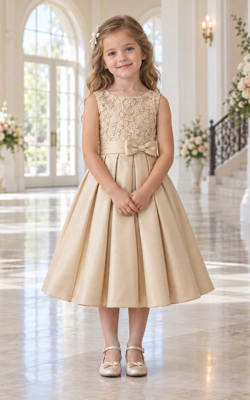 Vestido de niña de flores vintage de satén, corte A, sin mangas, con estampado floral color champán y plisado, hasta la rodilla.