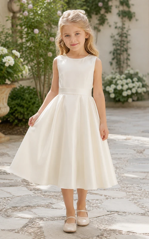 A-Line Flowergirl Satin Tea-Length Sleeveless Minimalist Garden Wedding Dress with Natural Waist
